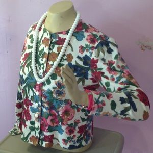 LANG Beautiful Vintage Floral Print Cardigan Sweater Large